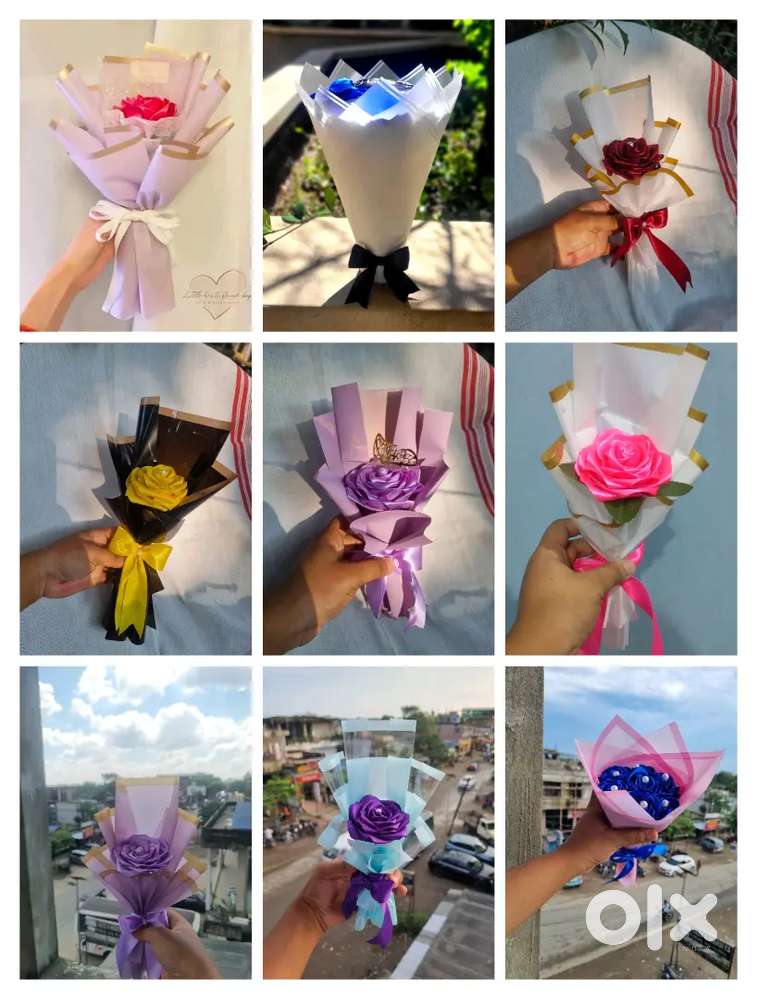 Customized ribbon flowers multi colour rose bouquet