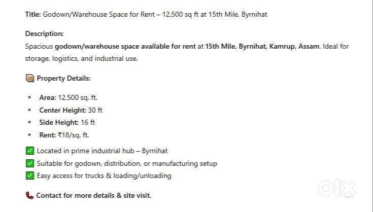 Godown/Warehouse Space for Rent– 12,500 sq ft at 15th Mile, Byrnihat