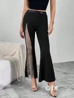  Black Mesh Detail Flared Trousers