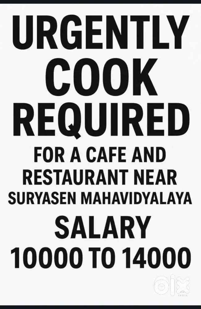 Cook needed for a newly cafe and restaurant