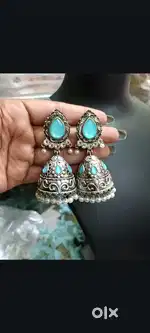 Elegant Silver Oxidized Jhumka Earrings with Blue Stone