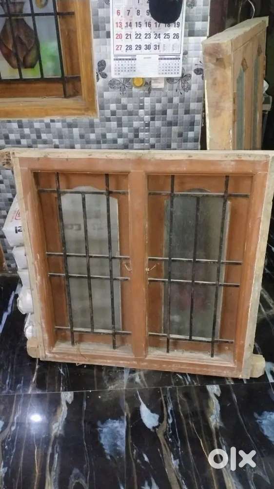 Wood window with steel grill and glass size3×3=1 4×3=1 2 windows