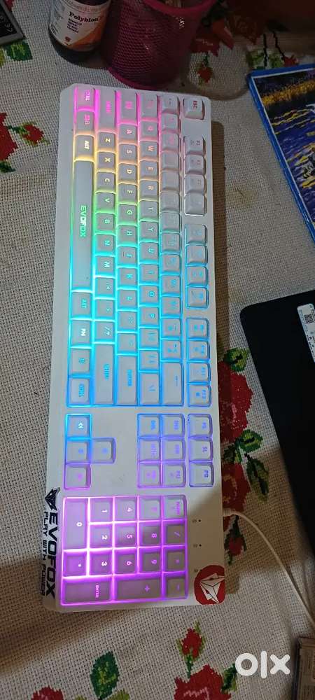 Evofox full size membrane keyboard in white colour with rgb lighting