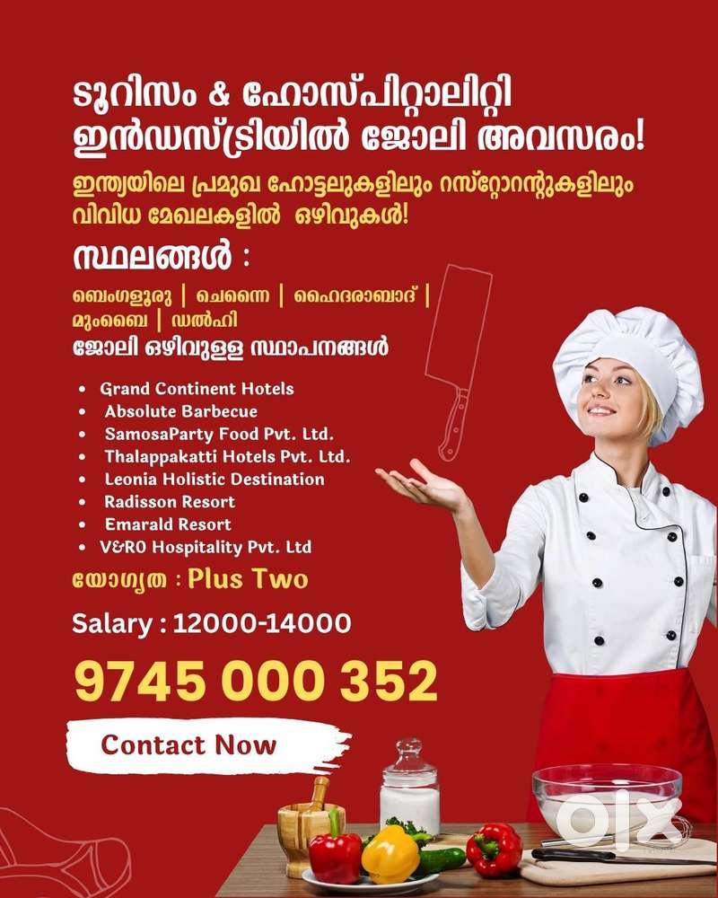 Job in 5 star Hotels at Chennai Bangalore - Freshers - +2, ITI.