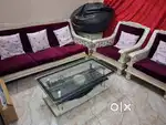 Antique sofa set with glass table. And one air cooler with exhaust.