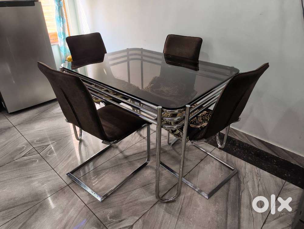 Dining Table with 4 Chairs (Stainless Steel & Glass)