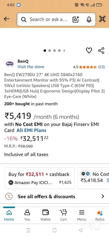 BenQ EW2790U 27” 4K HDR Monitor – 4 Days Old – ₹26,500 Non-Negotiable