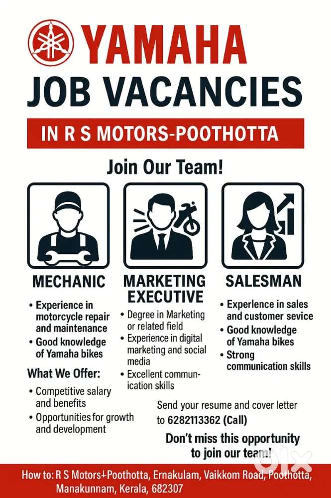 Job Vacancies 1-Mechanic,2-Marketing Executive,3-Salesman