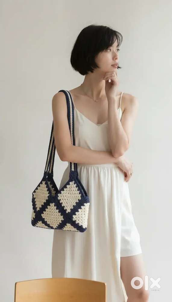 Stylish blue & white crochet handbag - trendy - fashionable.