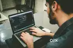Computer operator with parsonal laptop, on-line form filling expert