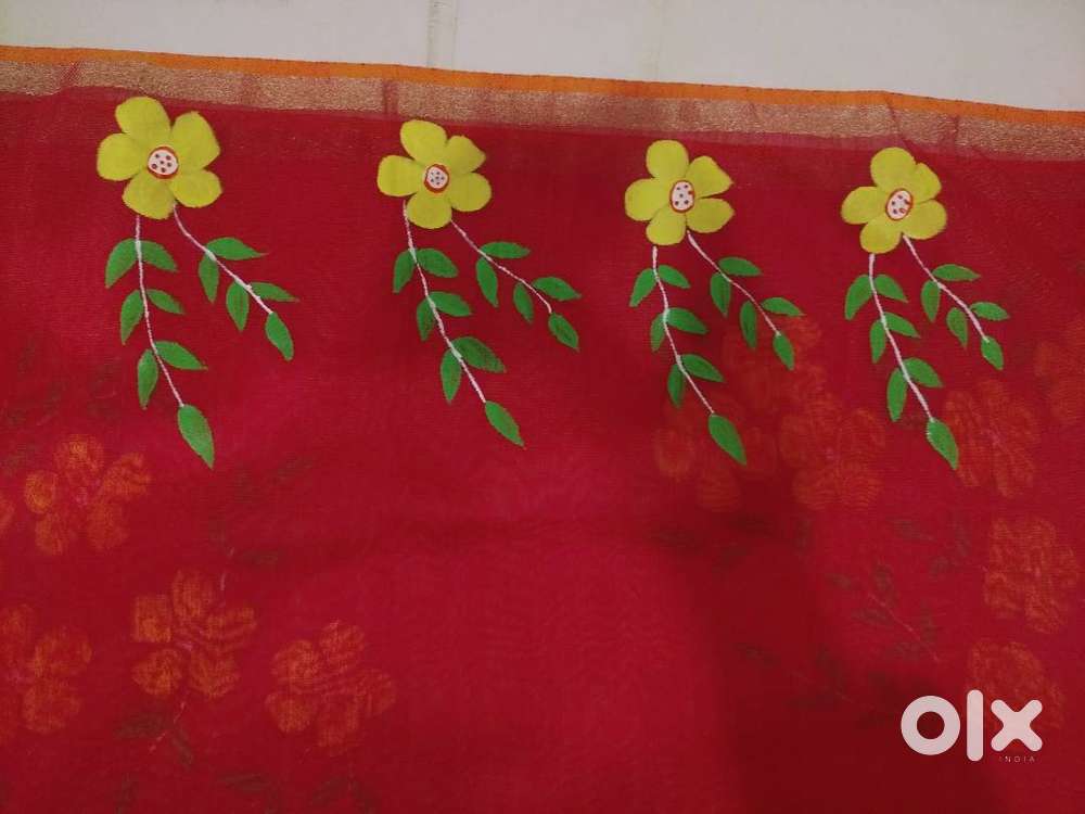 Hand painted cotton chanderi saree