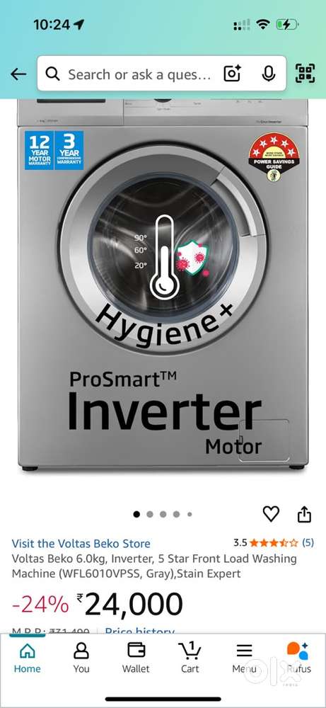 Relocating sale Voltas Beko 6.5 liter front loading