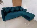 l-shape sofa set with velvet finish, golden legs at factory price
