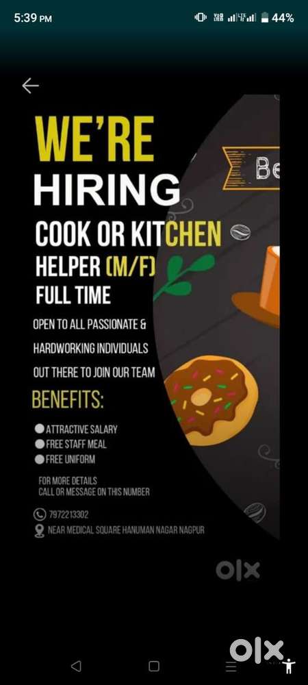 We are hiring cook or kitchen helper (male/female)