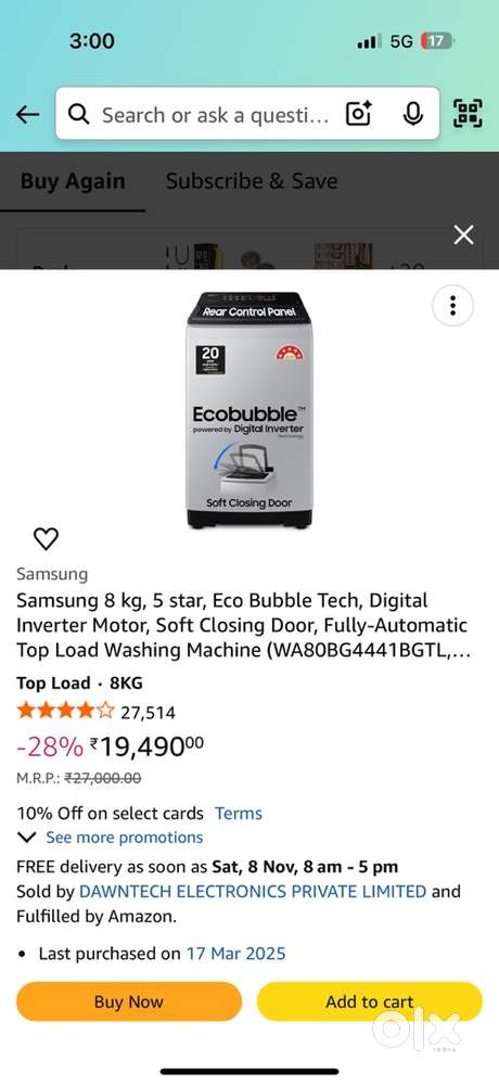 Samsung 8 kg fully automatic washing machine