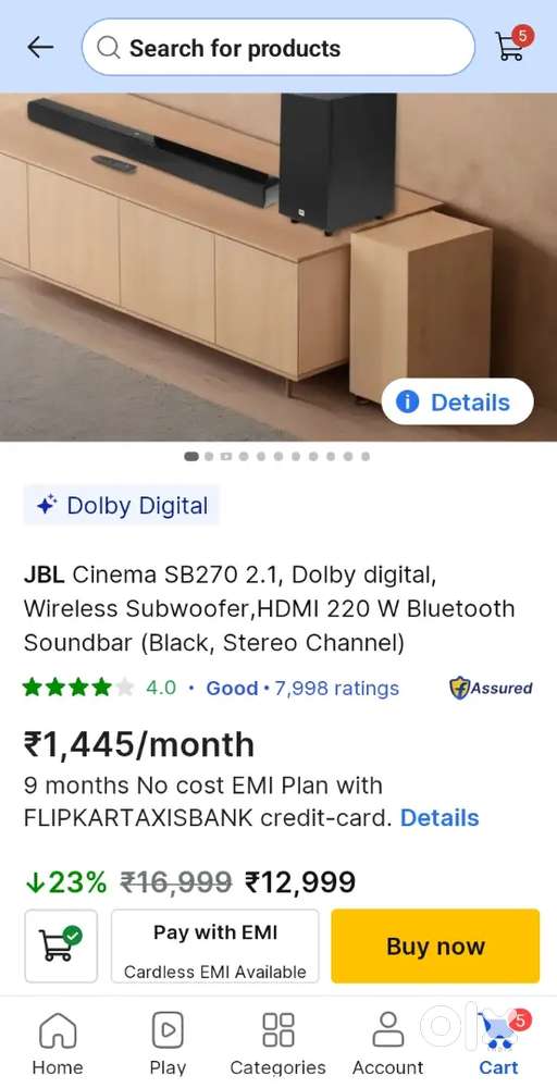 JBL home theater SB270 2.1Dolby digital Wireless Subwoofer 220 W Sbar