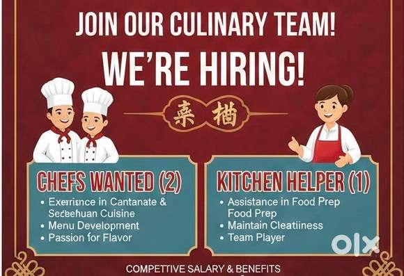 Required 2 chefs for chinese quick service restaurant