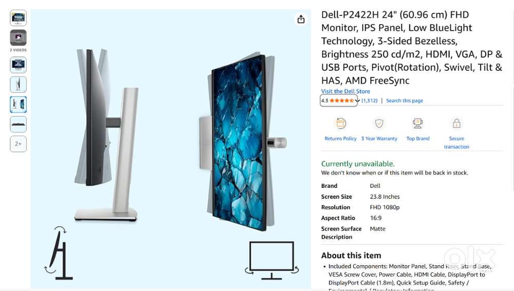 Dell-P2422H 24 (60.96 cm) FHD Monitor, IPS Panel