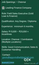 Field executive Gold loan & Any finance