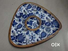 Handcrafted Serving Tray with Floral Blue Print.