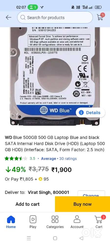 WD Blue 500 gb hdd hard disk half TB