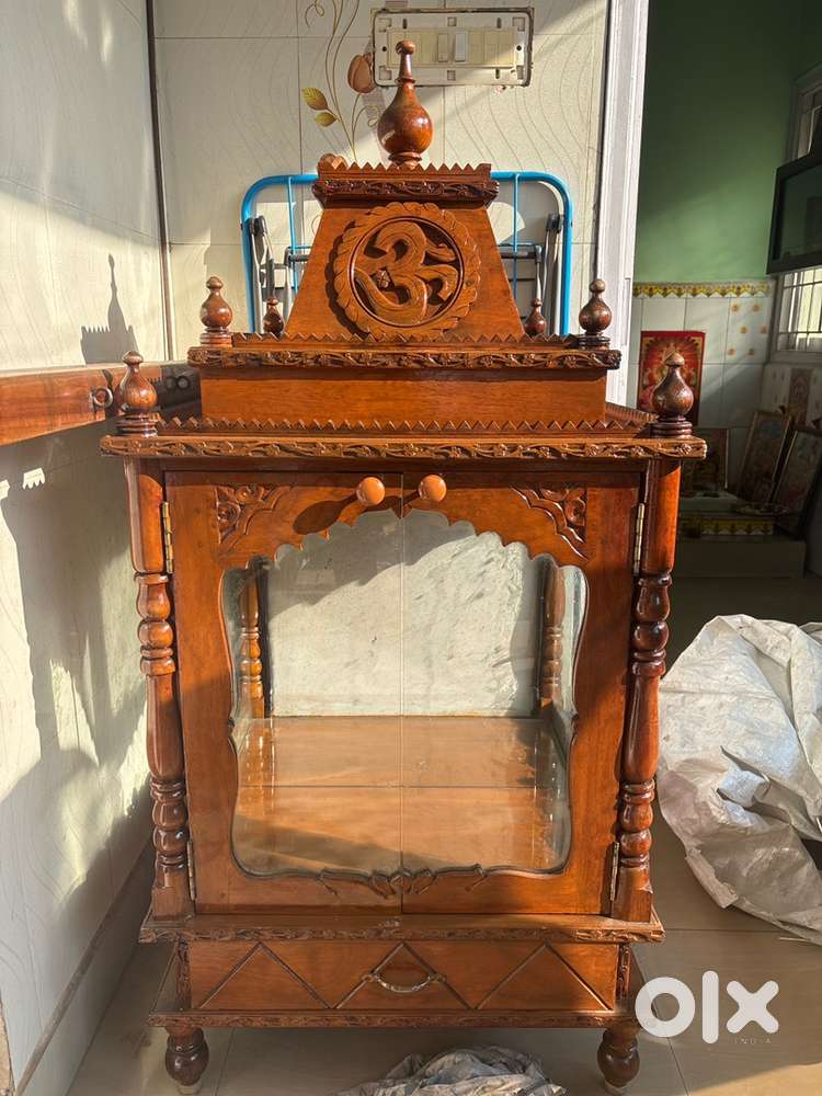 Solid Teak Wood Hand-Carved Mandir / Pooja Cabinet with Glass Panels