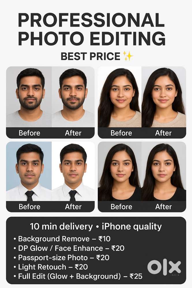 Photo Editing • Background Remove ₹10 • Glow-Up ₹20 • Fast Delivery