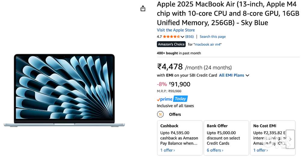 Macbook Air M4 2025 (13-inch, Sky Blue, 256 GB), 3 Years Apple Care +