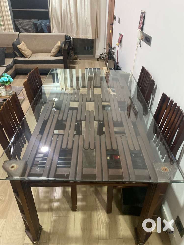 Glass Top Wooden Dining Table with 5 Chairs – Good Condition
