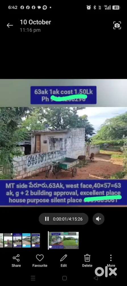 పేరూరు క్రాస్ 63ak 1ak cost 1.50Lk west face,40×57=63 ak, g + 2 buildi