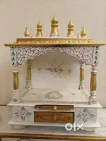 Golden- White Wooden Mandir, Hand Painted - Wall Hanging Temple