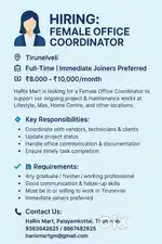 Hiring: Female Office Coordinator – Project & Maintenance Work