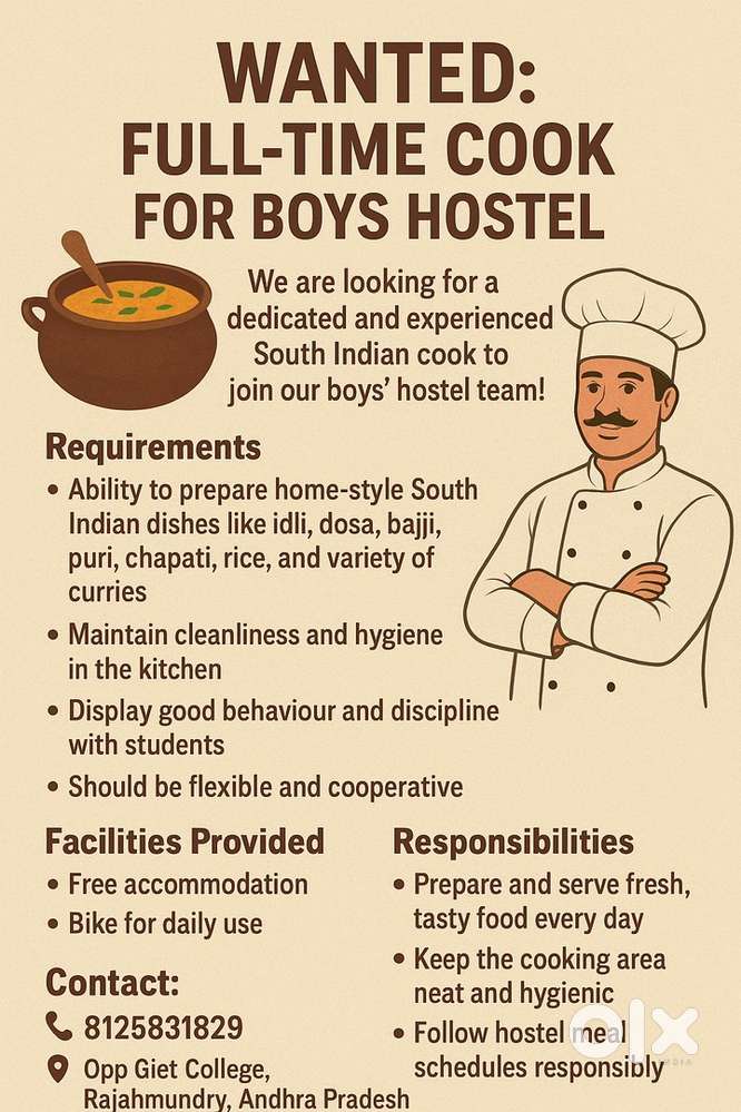 Wanted a fulltime cook