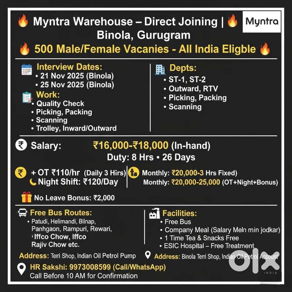 Warehouse- direct joining Binola,Gurugram(500 male& Female)Vacancy