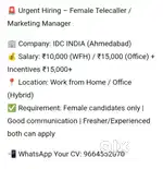 Urgent Hiring – Female Telecaller / Sales Marketing Manager Ahmedabad
