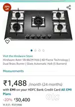 Hindware Aster 5B 86CM Hob  4D Flame Technology  Dual Brass Burner