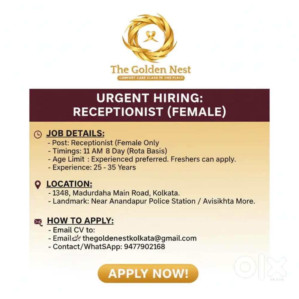 Urgent Hiring : Female Receptionist For Hotel The Golden Nest Kolkata