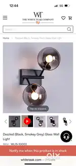 White Teak Company - black Smokey grey glass wall light