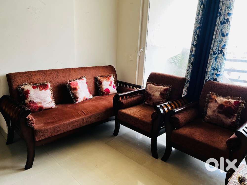 Wooden Sofa Set (3+1+1) – 5 Seater – Brown – With Cushions