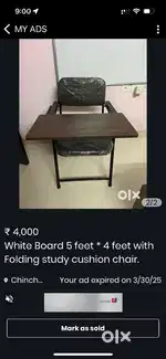 White board 5 feet * 4 feet with folding study cushion chair