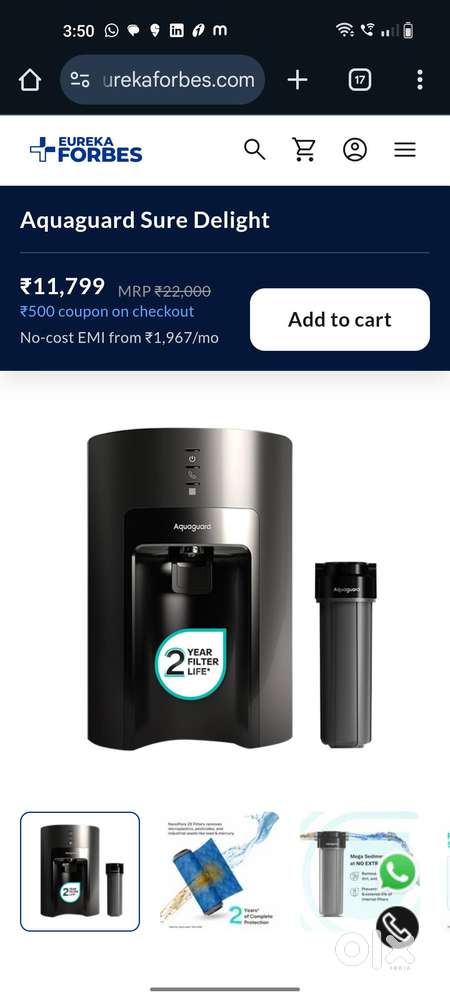Eureka Water Purifier Forbes Aquaguard 2X RO+UV+UF