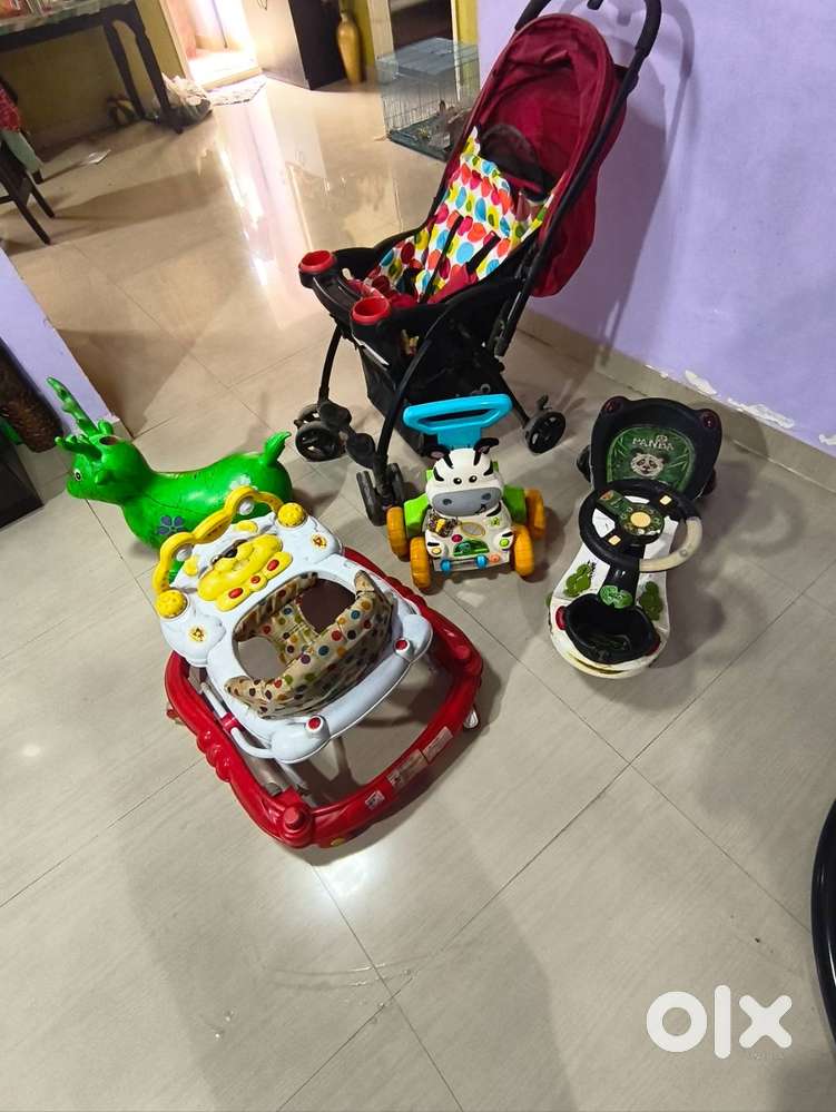 kids stroller, walkers(2), panda car and jumping deer