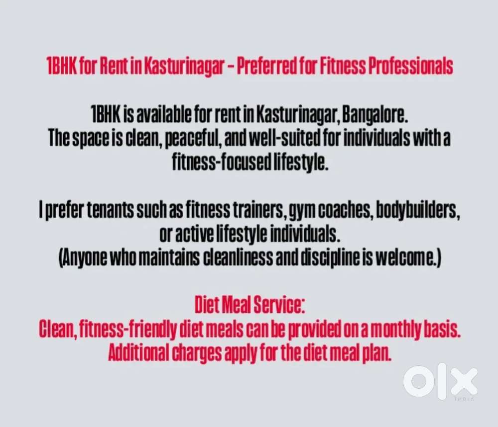 1BHK for Rent in (kasturinagar) – Ideal for Fitness Professionals.
