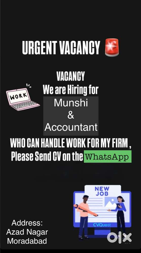 Urgent Vacancy Of Job For Munshi& Accountant Experience Holder Send CV