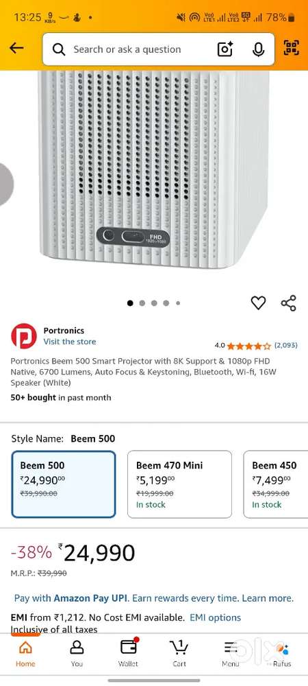 Portronics beem 500 new 1080p projector 4k 8k support 2month old tv mi