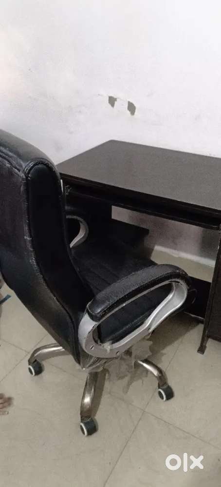 Computer chair with computer table with wooden almirah