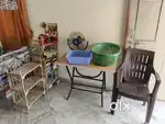 Table, chair, fan , wooden rak , 2 basket