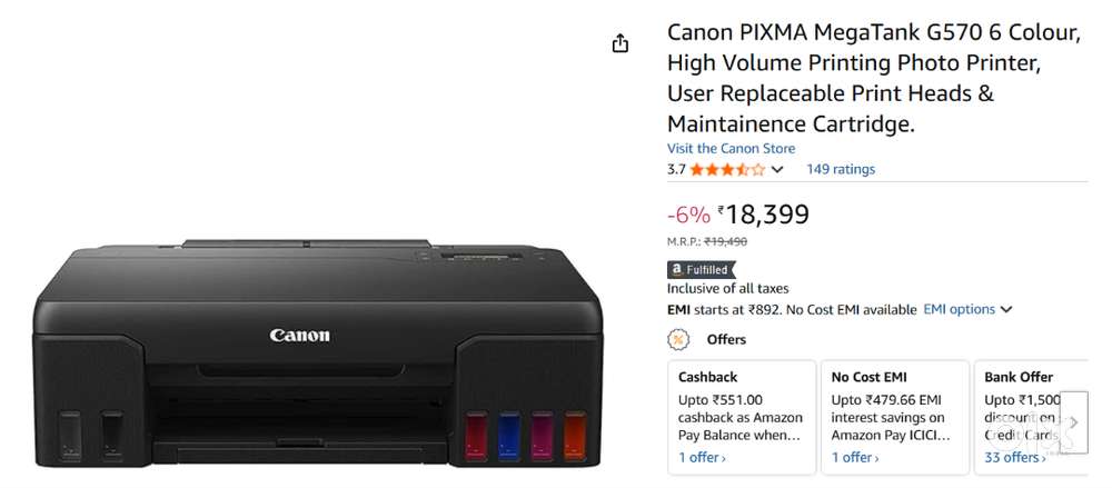 Canon PIXMA MegaTank G570 6 Colour, High Volume Printing Photo Printer