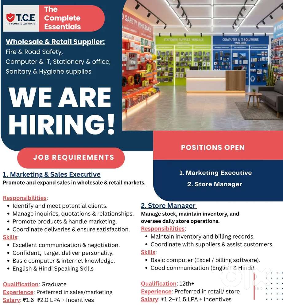 We are hiring Marketing executives & Store Manager
