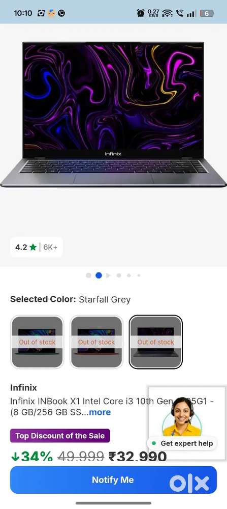Infinix Laptop i3 10th gen 8 Gb ram 256 Gb ssd